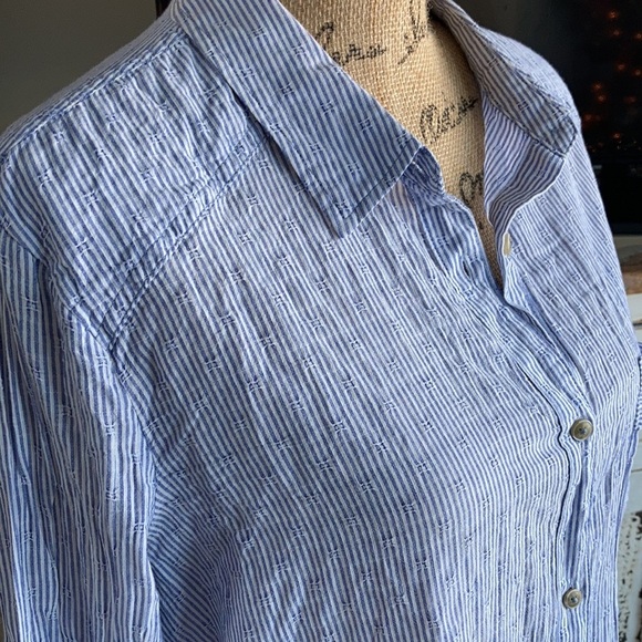 Free People blue white stripe button down split back cotton long sleeve shirt - Picture 6 of 16